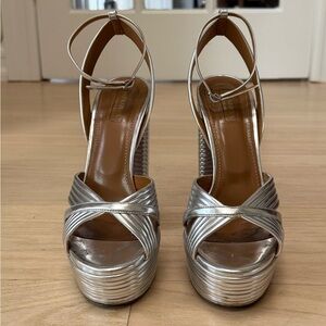 Aquazzura Sundance Metallic Silver Leather Platform Heels
